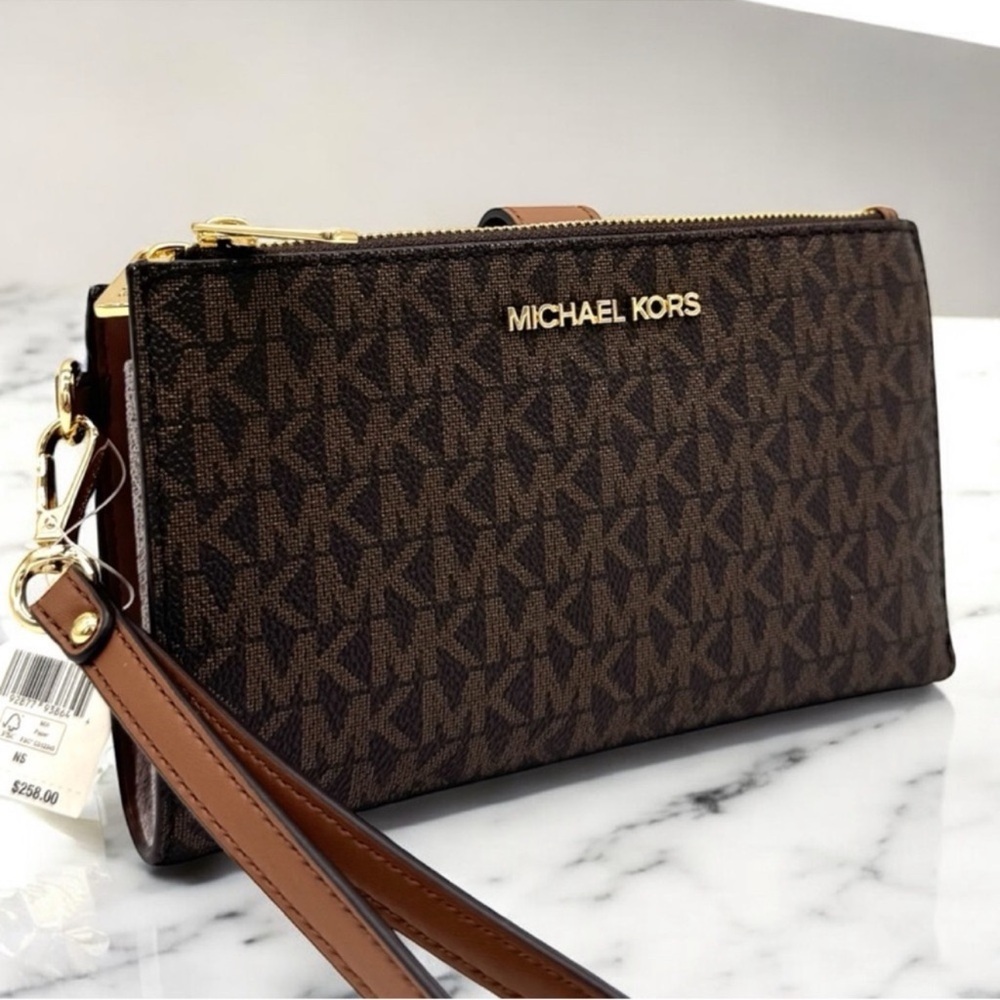 Michael Kors Large Jet Set Travel Double Zip Wallet Brown/Gold